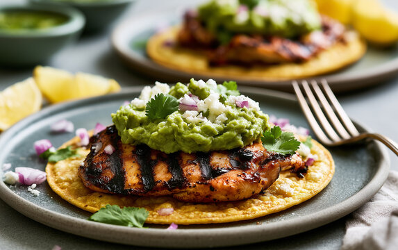 Grilled chicken avocado tostada cheese cilantro onion lemon sauce Mexican food savory meal