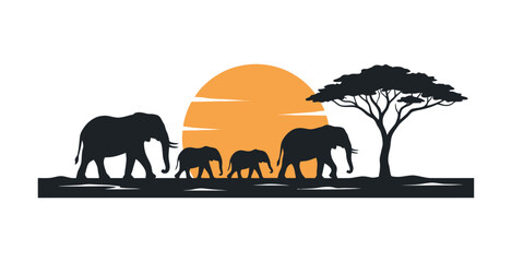 African Elephant Family Silhouette at Sunset Vector © Vect