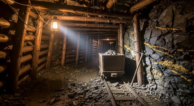 Underground mining tunnels include mine train tracks and ore haulage trains.