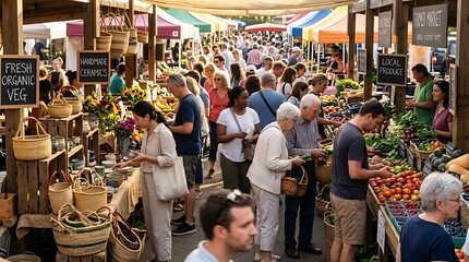Obraz premium Vibrant outdoor market with shoppers browsing organic food stalls