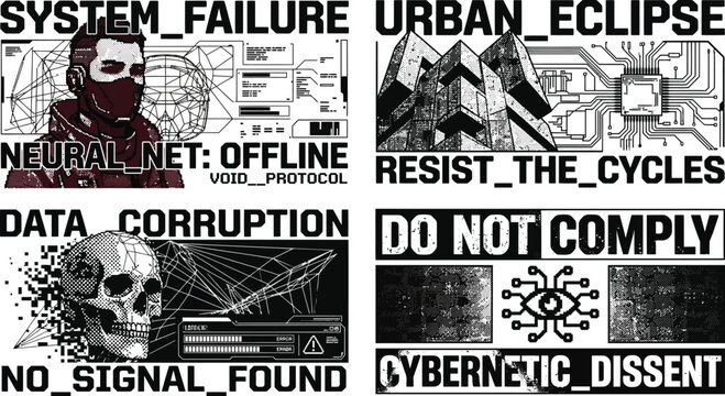A futuristic collage of cyberpunk graphics and slogans about technology and rebellion