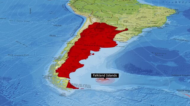 Argentina Highlighted Red on Political Map with Falkland Islands Radar Pulse Animation
