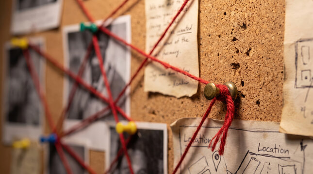 Red string connecting evidence on a cork investigative board