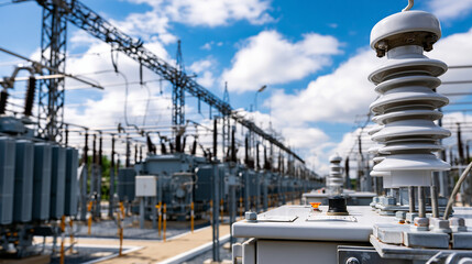 Fototapeta premium Electrical substation with circuit breakers and large transformers arranged in neat rows bright sunny day clean industrial composition electrical substation circuit breaker