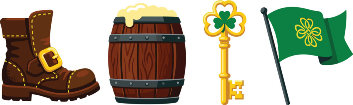 Saint Patricks Day Irish Holiday Icon Set Featuring Leprechaun Leather Boot Wooden Beer Barrel Golden Key and Waving Green Shamrock Flag