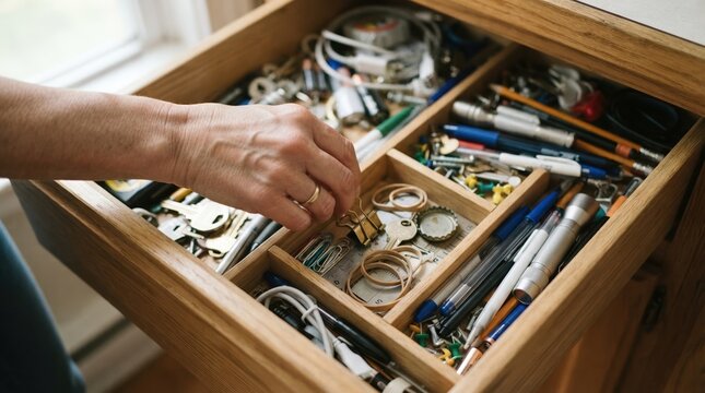 Person searching through a cluttered junk drawer in a wooden desk for household supplies and office tools