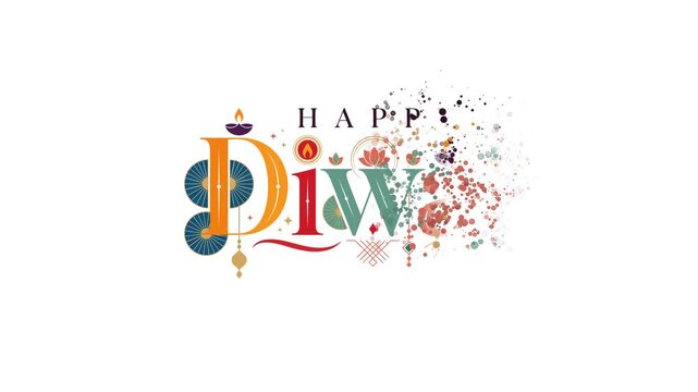 Happy Diwali Festival of Lights Celebration with Decorative Typography and Traditional Elements on White Background.