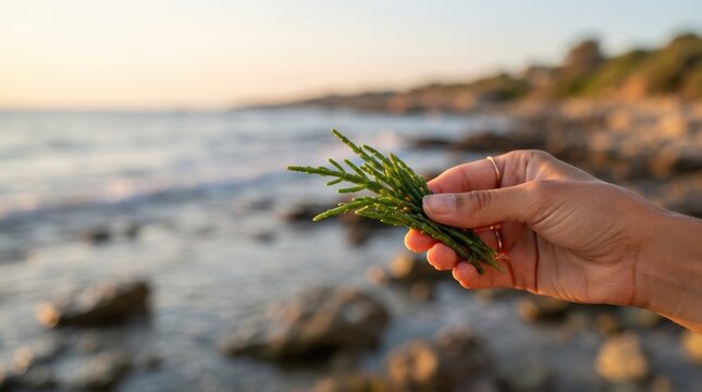 Hand holding fresh sea asparagus foraged on a rocky beach at sunset for sustainable coastal cuisine and healthy eating