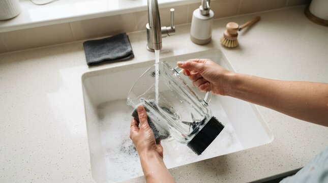 Young woman washing a glass blender pitcher in a clean kitchen sink with soapy water and a sponge