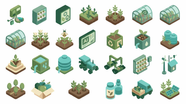 Isometric Greenhouse and Gardening Equipment Collection.