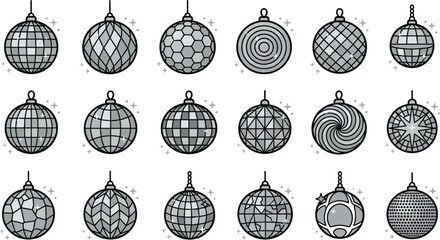 Obraz premium Set of monochrome disco ball icons with various geometric patterns, sparkling party decoration vector elements