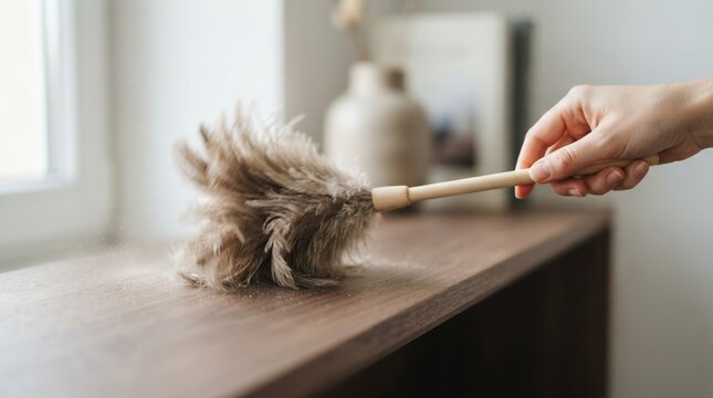 Close up of a woman hand using a soft feather duster to clean dust from a wooden shelf in a bright minimalist home interior