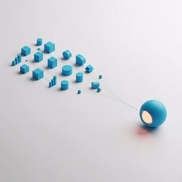 Blue geometric data objects linked by fine connection lines toward luminous central ring endpoint, minimalist network convergence, system integration, digital transformation, data flow technology