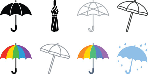 Rain Umbrella Icon Set with Rainbow Parasol, Folded Umbrella, Beach Parasol, Rainy Sky Blue, and Outline Style Vector Illustrations © REYAD