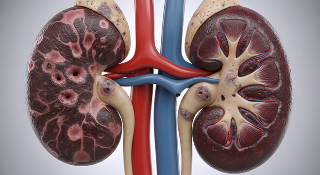 Comparative anatomy of a healthy kidney and a diseased kidney in humans on a white background