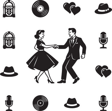 1950s retro icons and dancing couple on a white background vintage style illustration