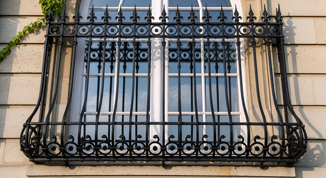 wrought iron window grille with a classic design that has a curved bottom.