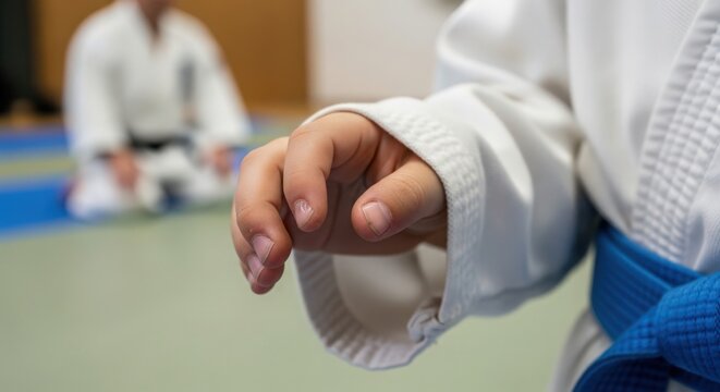 Close-up of child's hand in karate uniform with blue belt while practicing in dojo. Child focuses on martial arts techniques in training session. Concept karate practice for skill development.