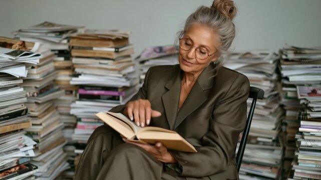 Stylish senior woman with grey hair and glasses sitting on a chair, surrounded by countless stacks of books and magazines, deeply engrossed in reading and then looking at the camera