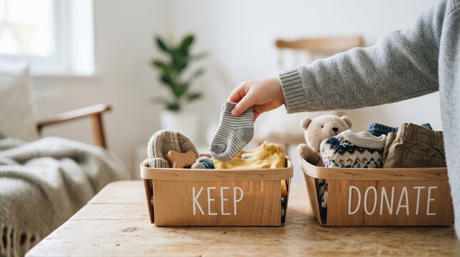 Parent sorting baby clothes into keep and donate baskets for home decluttering and nursery organization