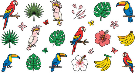 Tropical Jungle Birds and Foliage Element Set with Scarlet Macaw, Toucan, Cockatoo, Monstera Leaves, and Hibiscus Flower Vector Illustrations © REYAD