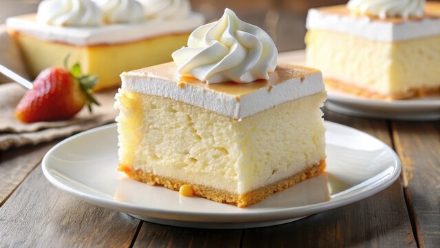 A slice of tres leches cake with whipped cream on a white plate