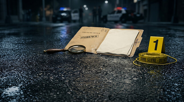 Manila folder document labeled evidence resting on wet road asphalt outside