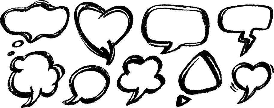 Hand drawn grunge speech bubbles and textured thought balloons set, distressed ink chat boxes, black chalk heart frame and communication symbols collection isolated on transparent background