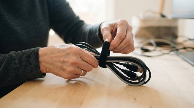 Senior woman hands organizing and bundling computer cables with velcro strap for tidy home office cable management