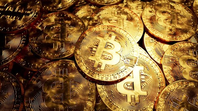 CGI macro of golden Bitcoin coins scattered under warm golden light, showcasing the BTC logo. Perfect for crypto, blockchain, and investment content. Rendered in Unreal Engine.