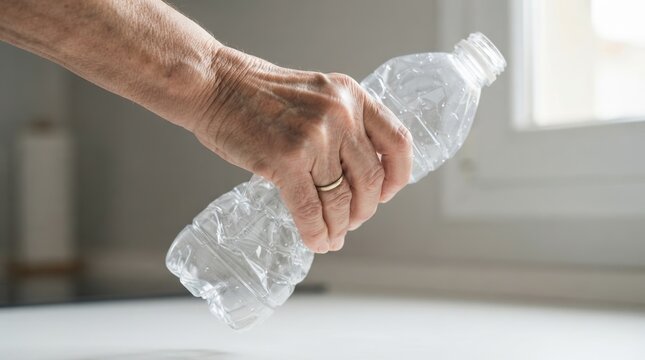 Elderly person holding a crushed plastic water bottle for recycling concept