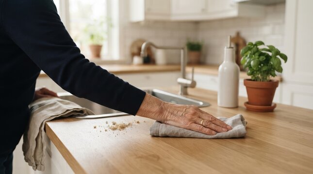 Senior woman cleaning wooden kitchen countertop with cloth, daily household chores and home maintenance concept