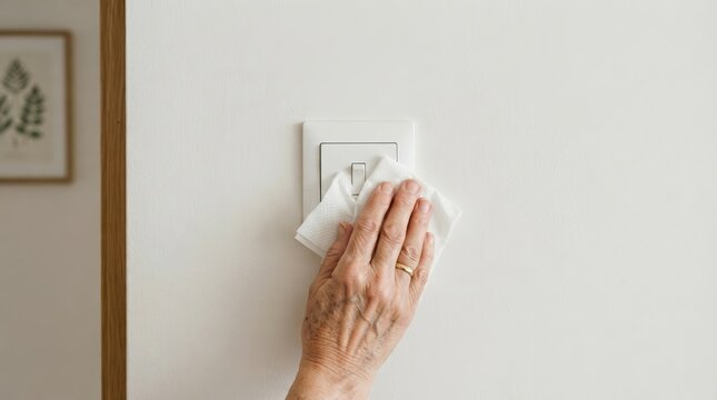 Elderly person cleaning light switch with disinfectant wipe for home hygiene and sanitization