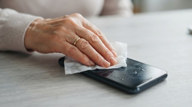 Senior woman cleaning smartphone screen with disinfectant wipe for hygiene and sanitization at home