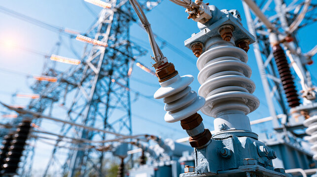 High voltage supply equipment at an electricity generating station tall steel structures bushings and conductors against a clear bright sky sharp clean detail high voltage