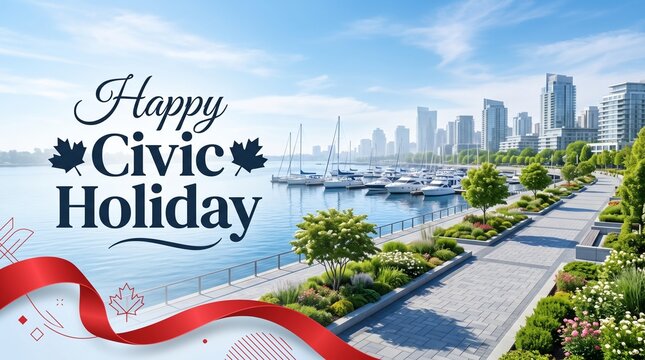 Happy civic holiday greeting card with city waterfront marina with waterfront background festive holiday card design
