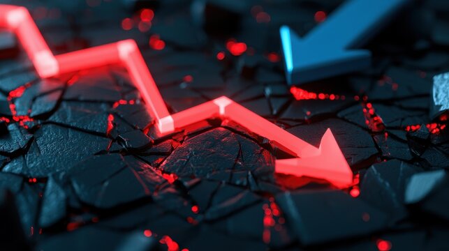 Red glowing downward arrow breaking through cracked dark surface symbolizing financial loss economic decline and market crash concept with 3d illustration