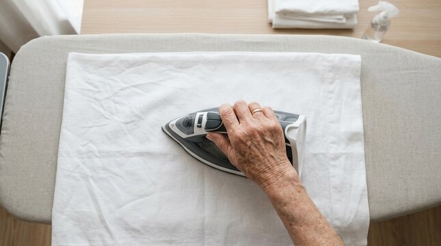 Elderly person ironing white linen on board at home for daily household chores and independent living concept