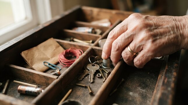 Elderly Person Sorting Through Wooden Organizer Box of Miscellaneous Hardware and Household Items