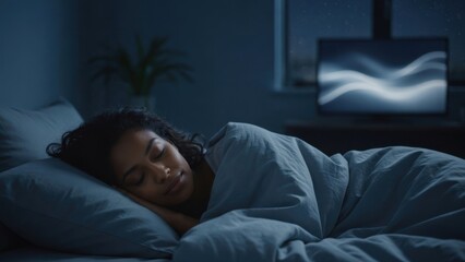 Obraz premium Woman Sleeping Peacefully in Bed at Night with TV On