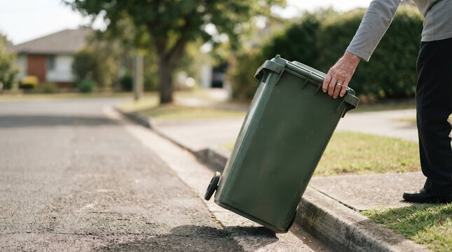 Senior man pulling green wheelie bin to curb for waste collection service in suburban neighborhood