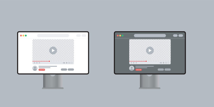Mockup of desktop computer screens displaying video players light and dark UI.