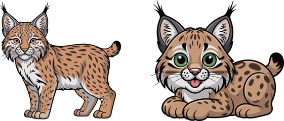 Lynx Bobcat Wild Cat Illustration Set with Spotted Fur and Tufted Ears for Wildlife and Nature Design © MDPappu