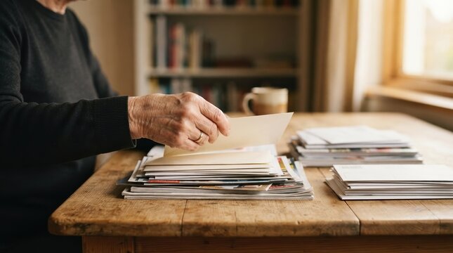 Elderly person sorting through stack of mail and letters at home table for administrative tasks and personal organization