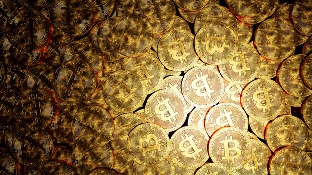 CGI macro of golden Bitcoin coins scattered under warm golden light, showcasing the BTC logo. Perfect for crypto, blockchain, and investment content. Rendered in Unreal Engine.