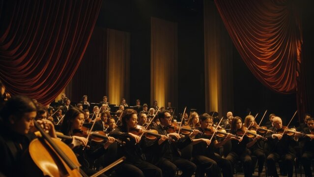 Symphony Orchestra Violinists Performing on Stage