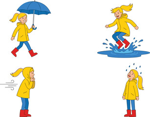 Happy Little Girl in Yellow Raincoat Vector Character Set with Child Walking with Umbrella, Splashing in Puddle, and Standing in Windy Weather