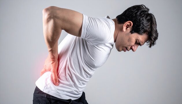 A person bending over slightly in acute physical pain, clutching their lower back with both hands, backache concept.