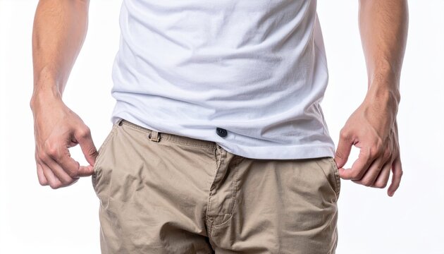 A poignant studio photograph of a man in casual clothes turning out both empty pockets of his trousers to show his financial struggle, isolated on white.