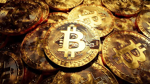 CGI macro of golden Bitcoin coins scattered under warm golden light, showcasing the BTC logo. Perfect for crypto, blockchain, and investment content. Rendered in Unreal Engine.